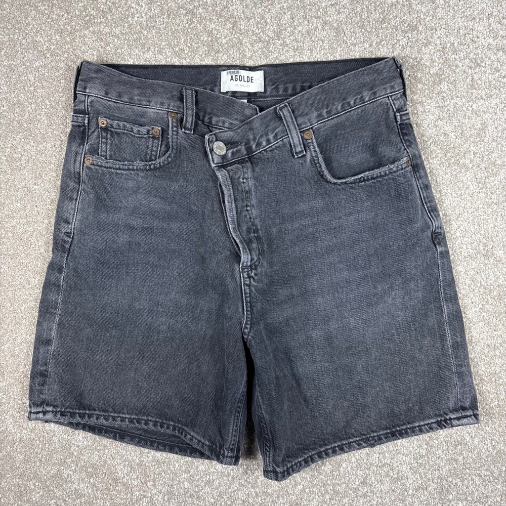 AGOLDE Criss Cross High Rise Denim Shorts Washed Black Grey Sz 25
